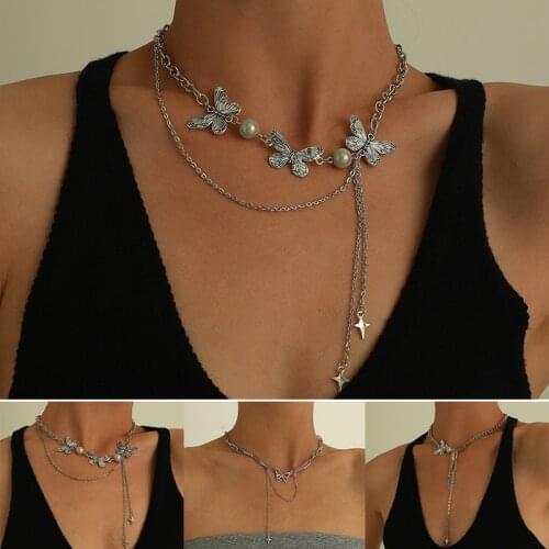 Fashion Womens Hollow Butterfly Necklace Trendy Unique Temperament Double Fringe Necklace Exquisite Pearl Butterfly Necklace