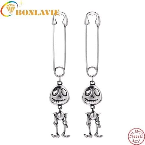 BONLAVIE 925 Sterling Silver Fun Pin Skull Earrings Retro Vintage Thai Silver Ins Design Funny Alternative