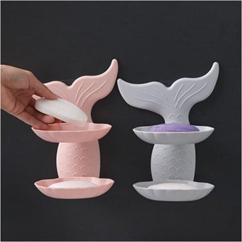 Mermaid Fish Shape Double Layers Bathroom Shower Soap Container Dish Box Self Adhesive Bathroom Sucker Wall Draining Shelf