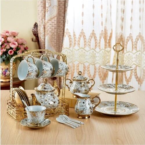 Europe coffee cups set Golden decal parrten Ceramic Pot teapot set coffee cup British Porcelain Tea Set Afternoon tea party