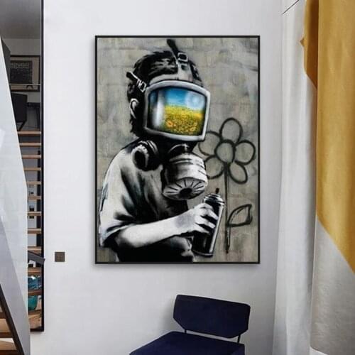 Banksy-Graffiti Art Canvas Painting Sunflower Field Mask Street Art Posters and Prints Canvas Wall Art Pictures Home Decor Mural