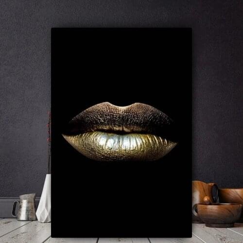 Nordic Sexy Gold Lips Black Background Canvas Painting Scandinavian Cuadros African Wall Art Pictures for Living Room Home Decor