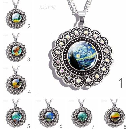 Lace-set Round Necklace Van Gogh Necklace glass Cabochon Necklace Charm Silver Plated Jewelry Gifts for Art Teacher or Students