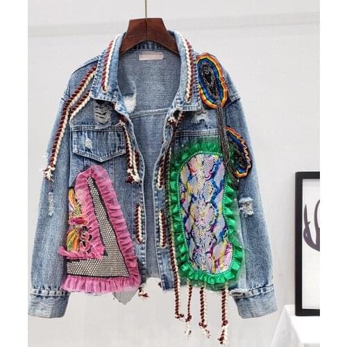 Womens autumn winter casual loose beaded mesh patchwork denim jacket female high waist plus size jean jacket TB809