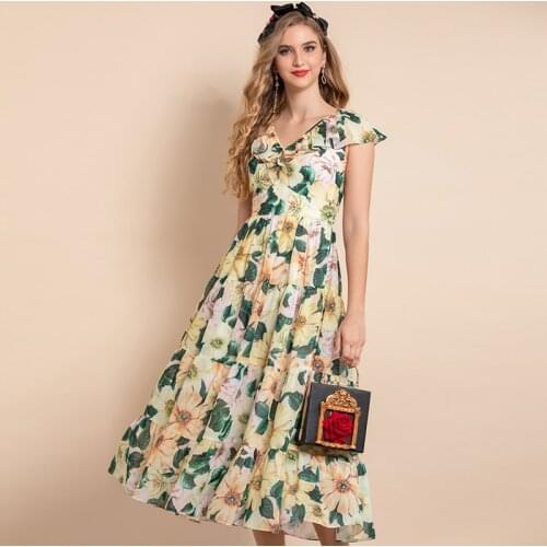 Summer Designer New Vacation Dress Womens Plus Size 3XS-10XL V-Neck Ruffles Fashion Yellow Camellia Print A-Line Midi Dress