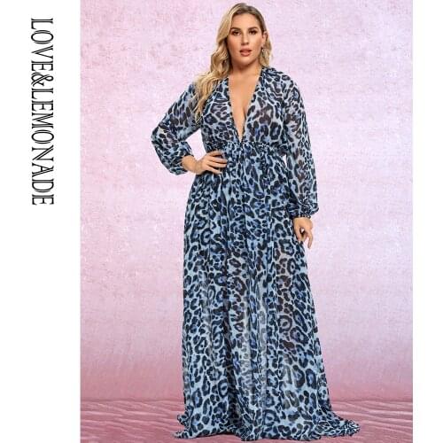 LOVE&LEMONADE PLUS SIZE Sexy Deep V-Neck A-Line Blue Leopard Print Chiffon Long Sleeve Beach Maxi Dress LM80428PLUS