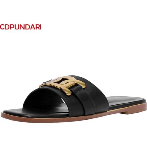 Fashion Chain Genuine Leather Flat Sandals Women Summer Casual Shoes Ladies Sandales Femmes été Nouveau 2021 Sandalias Mujer