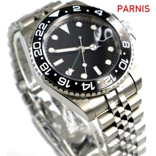 40mm Parnis Black Sterile Dial Black Ceramic Bezel Jubilee Style Strap Green GMT date window automatic mens watch