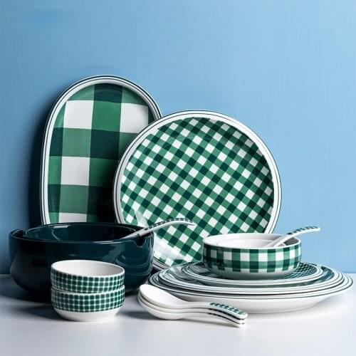 Dish set household creative personality green grid ceramic tableware European style simple rice bowl dish western food plate