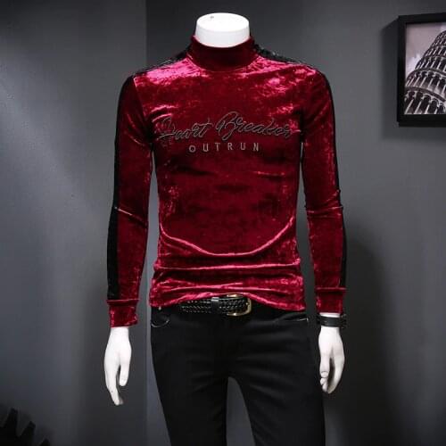 Luxury Turtleneck Embroidery Velvet Men T Shirt Club Outfit Velvet T Shirt Vintage Men Slim Fit Long Sleeve T Shirt Homme
