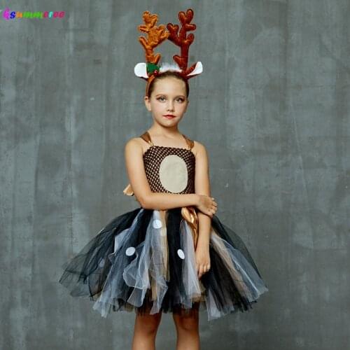 Girls Christmas Reindeer Costume Kids Deer Tutu Dress with Headband Children Cosplay Animal Party Fancy Dress Halloween Outfit