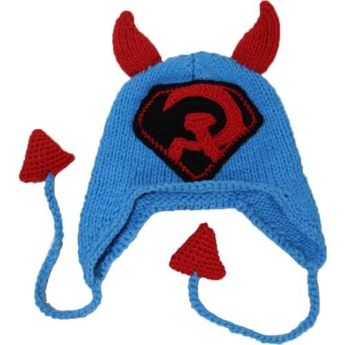 Sickle Knitted Horns Hats EarFlap Hanging Heart Winter Beanie costume party Gifts S for children L for adult