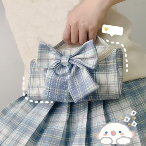 Grid Pencil Case Kawaii Pencil Bags Big Removable Bowknot Pencil Cases Canvas Pen Case For School