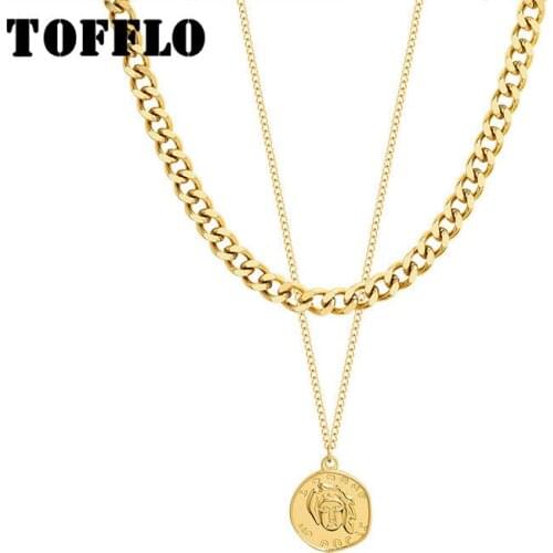 TOFFLO Stainless Steel Jewelry Retro Head Irregular Round Tag Pendant Double Layered Necklace Female Hip Hop Link Chain BSP905