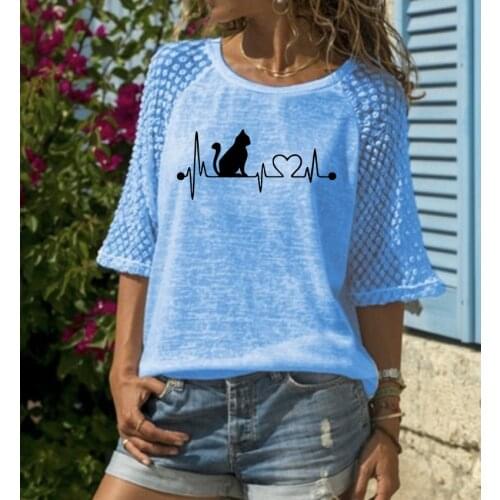 Sexy Lace Blouse Cat Heartbeat Printed Women Blouses Halajuku Casual Funny Female Tops Plus Size Drop Shipping