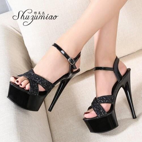 Nightclub Womens Shoes Model Shoes Summer Womens Sandals Super High-heeled 15cm Sequins Cross Belt Feminine High Heels Catwalk