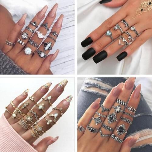 Boho Knuckle Rings Heart shaped lotus Hollow Geometric Rings Set For Women Fashion Cross Twist Crystal Joint Ring Female Jewelry