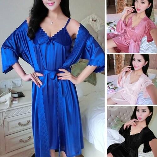 Womens Silk Satin Two-Piece Pajamas Sets Ice Silk Sexy Lace Nightgown Sleepwear