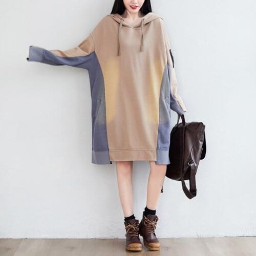 Women Loose Patchwork Hooded Dress Ladies Plus Size Irregular Length Hooded Dresses Female Autumn Winter Dress