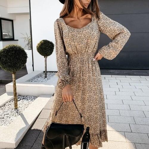 Autumn Ruffles Square Collar Floral Long Dress Women Spring Long Sleeve Casual A Line Print Dress Slim Female Boho Party Vestido
