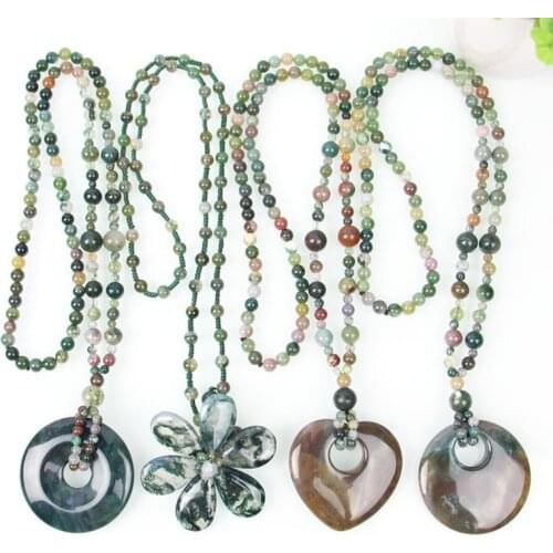 Womens Necklace Pendant Aquatic Agate Sweater Chain Donuts Heart Pendant Round Beads Chain Gift for Females Fine Jewelry