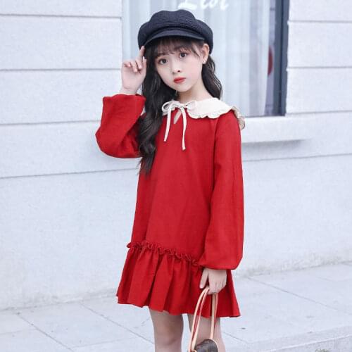 2020 Spring Autumn Girls Dress Button Bow Lapel Long Sleeve Student Dress Korean Princess Kids Childrens Clothing