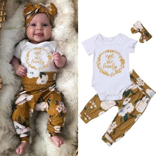 0-18M Newly Toddler Kids Baby Girls Boys Lovely Clothes 3PCS Letter Short Sleeve Romper Tops+Floral Pants+Headband