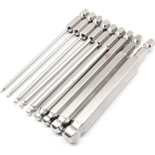 9Pcs S2 Steel Magnetic Hexagon 100Mm Length Ball Head Hex Driver Bit Set Manual Tool H1.5H2 H2.5 H3 H4 H5 H6 H8 H10 Retail