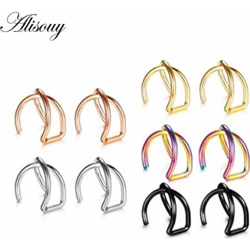 Alisouy 2PC/lot X Cross Helix Piercing Earring Orelha Stainless Steel Helix Ring Lip Fake Piercing Ear Piercing Helix Earrings