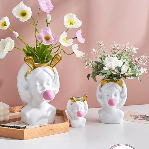 Nordic Style Resin Girl Face Vase Cute Girl Bubble Gum Decorative Flower Pot Succulent Flower Pot Home Tabletop Decor