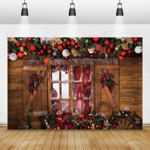 Photo Backgrounds Winter Wood Window Rural Christmas Festivals Ball Wreath Snow Party Child Baby Portrait Photographic Backdrop