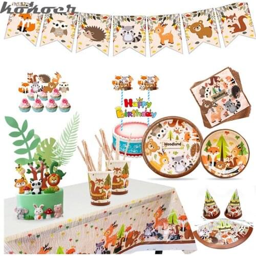 Jungle Theme Party Decor Supply Disposable Tableware Set Forest Animal Fox Hedgehog Balloon Baby Shower Kid Birthday Cake Topper
