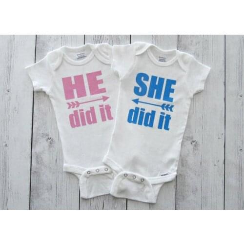 Custom Twins He did it, She did it newborn infant baby bodysuit onepiece romper Outfit coming Home toddler shirt party favors