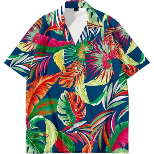 Mens Hawaiian Shirts Tropical Ethnic Style Leaves Printed Short Sleeve Loose Button Down Casual Beach Shirts Blouse Tops Chemise