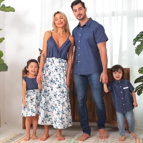 Spring Family Matching Outfits Mom and Daughter Floral Dress Parent-Child Clothing 2021 Summer Dad Son T-Shirt Denim Blue Outfit