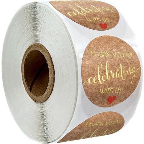500 Pcs Round Thank You for Celebrating with Us Stickers Roll with Gold Leaf Word for Party Decoration Labels Thank You Stickers