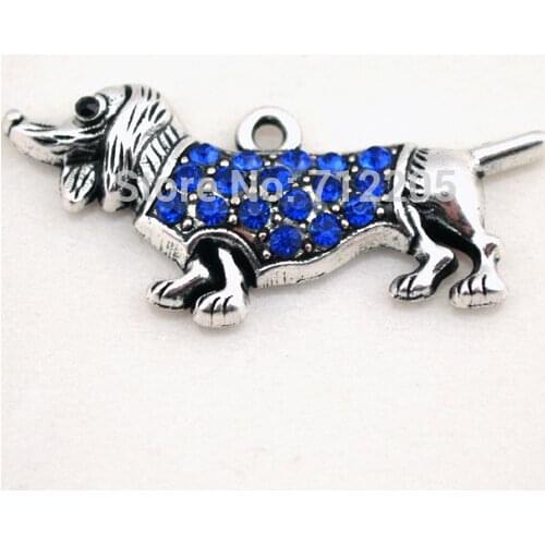 New Arrival antique silver zinc studded with sparkling blue crystals Dachshund Dogs Animal Pendant