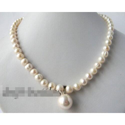 8mm Round White Freshwater Pearl Shell Pearl Pendant Necklace Factory Wholesale 18inch real Women Fine for lady jewelry