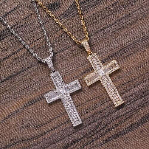 Hip Hop Baguette Cross Iced Out Bling Cubic Zircon AAA+ CZ Necklaces & Pendants For Men Women Charm Jewelry