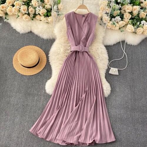 Women French Pleated Dress Summer Korean Style Sleeveless V Neck A-line Dresses Fashion Solid Streetwear Long Dress
