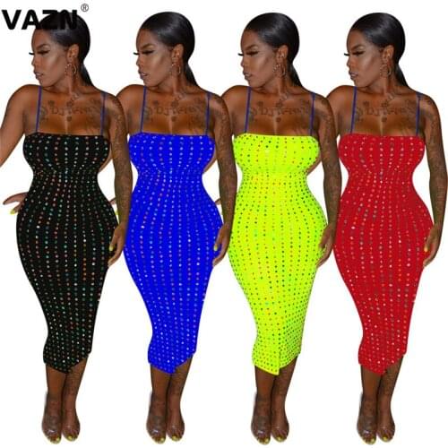 VAZN Sexy club 2020 summer sexy lady 4 colors solid mid-calf dress spaghetti stray crystal sheath light dress back vent dress