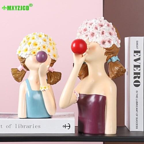 Nordic Bubble Blowing Girl Resin Statue Handicraft Ornaments Garden Living Room Home Wedding Holiday Decoration Female Gift