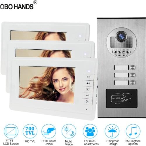 Upgraded 7'' Wired Video Door Phone Intercom System RFID Access Entry Camera Door Bell 2 Monitors Multi- Apartments/Family/Home