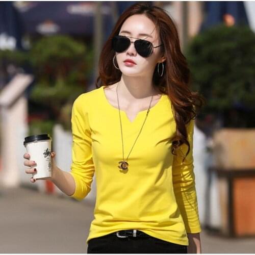 Casual T Shirt Women Cotton Basic V-Neck 2021 Korean Style Woman Clothes Womens Long Sleeve Tops T-Shirt Tee Shirt Femme XXXL