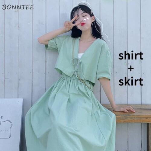 Sets Women 2 Pieces Outfits Korean Style Daily Summer Cropped Lace-up Lovely Pure Tops and All-match Loose Skirt College A-line