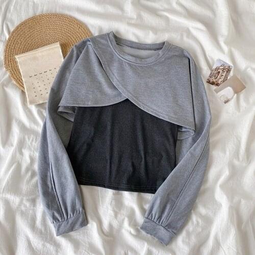 Long Sleeve Vintage Casual Tops Women Korean Fashion 2021 Autumn Pure Color Blouse Design Y2k Short Shirts 2 Piece Set O Neck