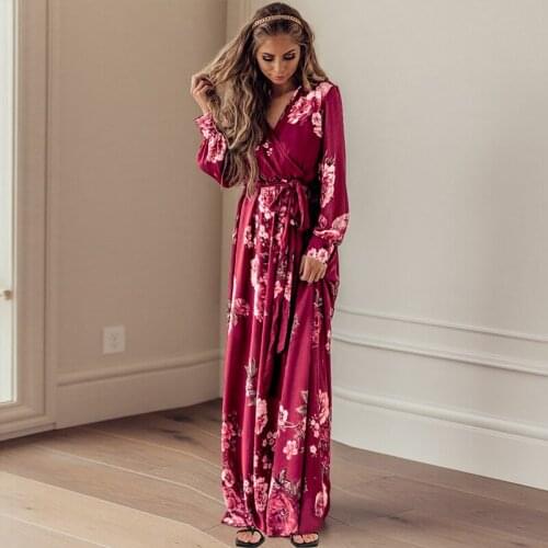 Female Fashion Sexy V Neck Lace-up Belted Party Dresses Autumn Vintage Floral Print Long Dress Casual Long Sleeve Women Dress