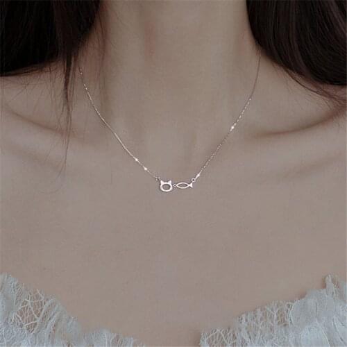 925 Sterling Silver Box Chain Cute Cat Charm Pendants Necklace For Women Statement Party Jewelry dz707