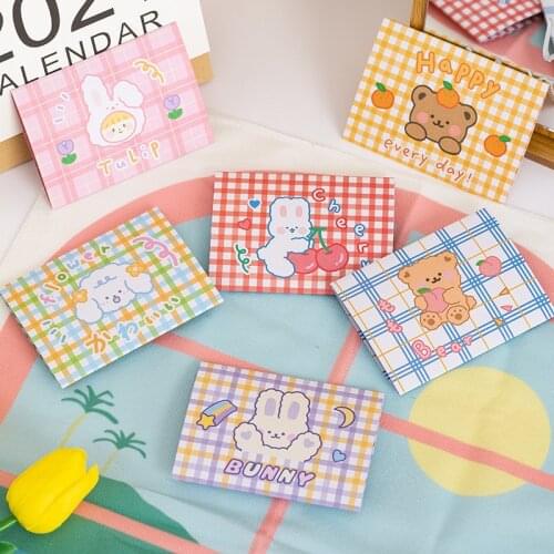 10pcs Cartoon Cute Plaid Bear Bunny Envelope Foldable Message Card Birthday Wishes Card Greeting Card Small Stationery Gift