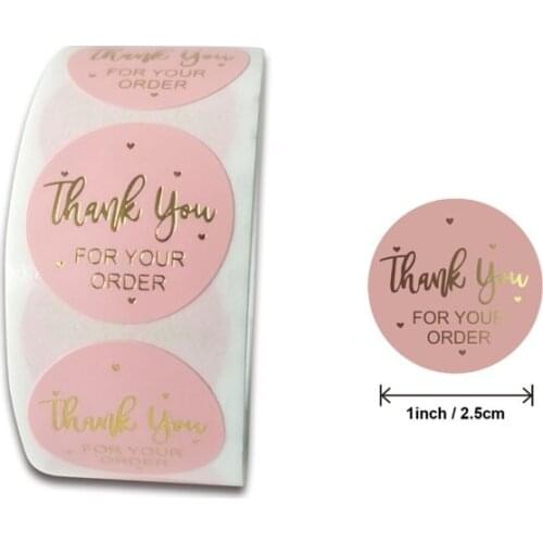 500pcs/Roll Round Pink Bronzing gold foil thank you for your order handmade with love Gloss stickers golden heart 1inch